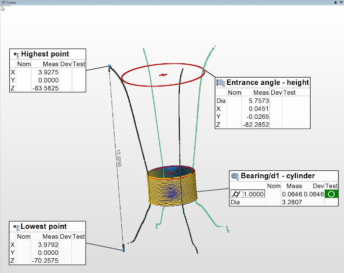 用于测量和分析上述精密模具的替代配方。 锥形内部的 4 个线性轮廓和中间圆柱部分的密集螺旋轮廓可以为许多测量提供足够的 3D 数据。