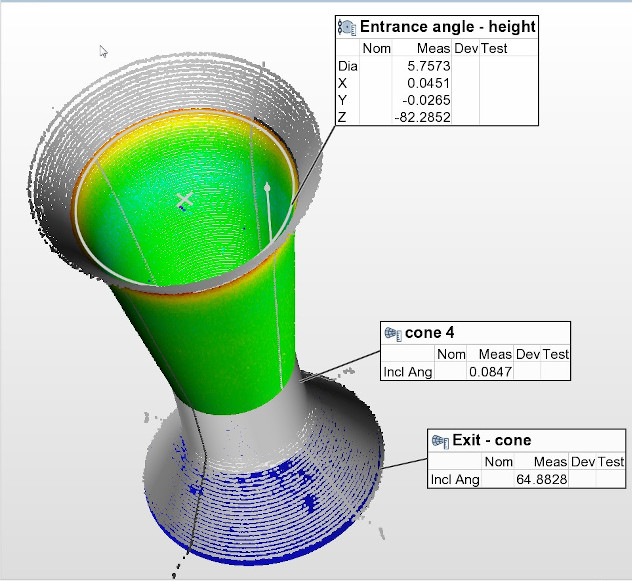 精密拉丝模具的锥形内部。 可以自动分析获取的 3D 点云，以测量夹角、不同 ID 截面的长度、粗糙度轮廓、颤振、缺陷等。